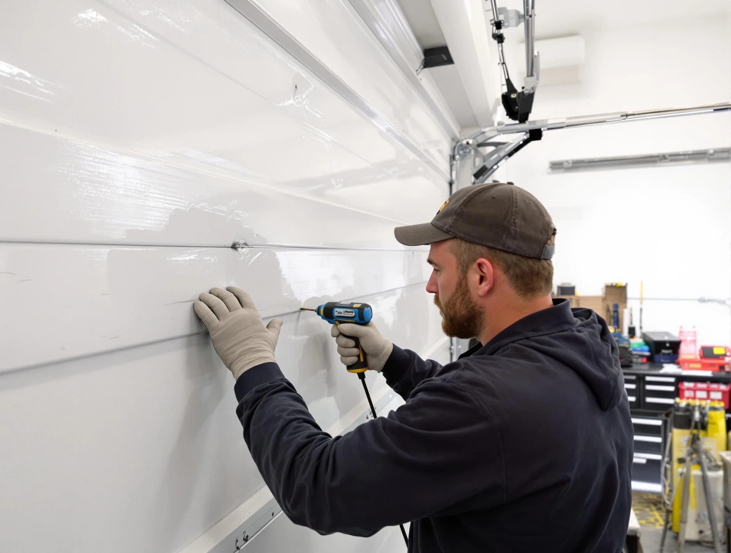 Martinsville Garage Door Repair technician demonstrating precision dent removal techniques on a Martinsville garage door