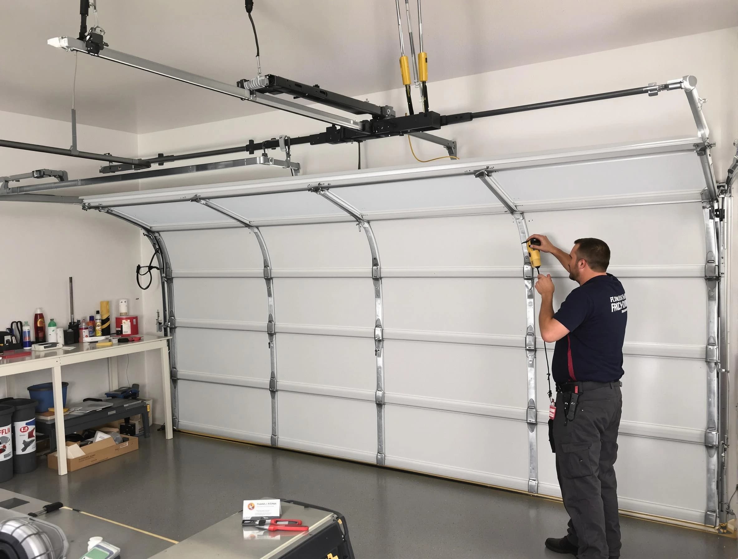 Martinsville Garage Door Repair certified technician performing overhead door system repair in Martinsville