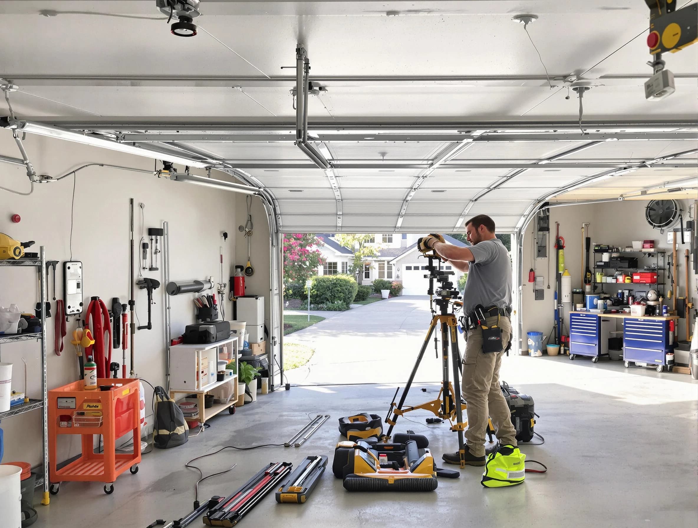 Martinsville Garage Door Repair specialist performing laser-guided track alignment in Martinsville